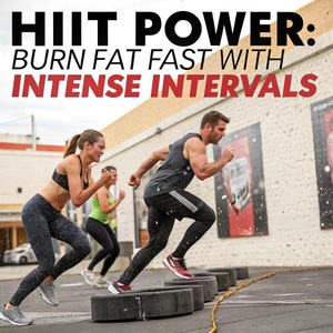 Peut inclure: Image de personnes pratiquant l'entraînement par intervalles à haute intensité (HIIT) en extérieur. Le texte en haut indique "HIIT POWER: BRÛLEZ LES GRAISSES RAPIDEMENT AVEC DES INTERVALLES INTENSES." Des personnes courent sur des pneus. La femme devant porte un soutien-gorge de sport et un legging noirs.