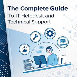 May include: A book cover with the title "The Complete Guide To IT Helpdesk and Technical Support." The cover features a blue and white design with illustrations of IT support icons, a person with a headset, a computer, and books.