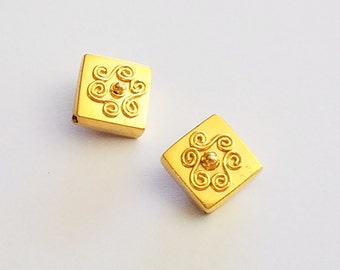 Bali Gold Vermeil Triangle Square Sterling Beads 11mm sides, 14.8mm Corner to Corner, 2 pieces