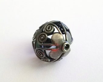 Black Gold Rhodium Plated Finish Over Sterling Silver Bali Bead, Hollow 16mm x 18mm