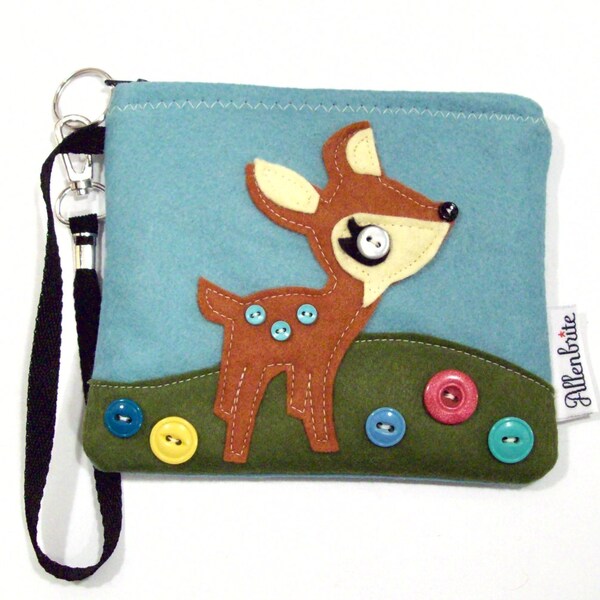 Kawaii Deer Faun Wool Felt Lined Fabric Wristlet Purse with Strap -- Aqua Blue