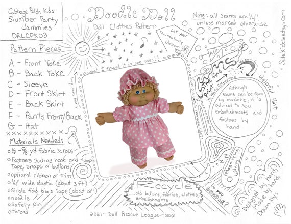 Cabbage Patch Kid Doll Clothes Pajamas Sewing Pattern PDF Doll