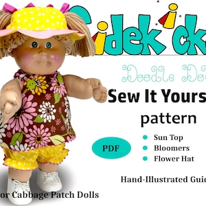Puede incluir: Un patrón de costura para un atuendo de muñeca Cabbage Patch. El patrón incluye instrucciones para una camiseta de sol, bombachos y un sombrero de flores. El patrón está ilustrado con imágenes dibujadas a mano y está disponible para descargar en PDF.