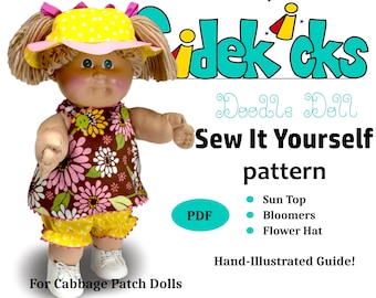Wzór do szycia ubrań dla lalek Cabbage Patch dla dzieci w stylu retro na lato w formacie PDF, wzór na sukienkę letnią dla lalek, wzory na ubrania dla lalek DIY, wzór na kapelusz przeciwsłoneczny dla lalek do pobrania