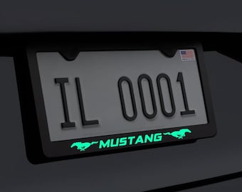 Glowing Mustang with Logos Stainless Steel License Plate Frame Holder