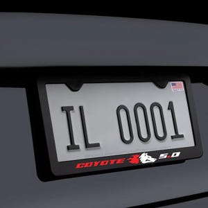 Mustang GT 5.0 Black Metal License Plate Frame Coyote Racing with Screws and Caps