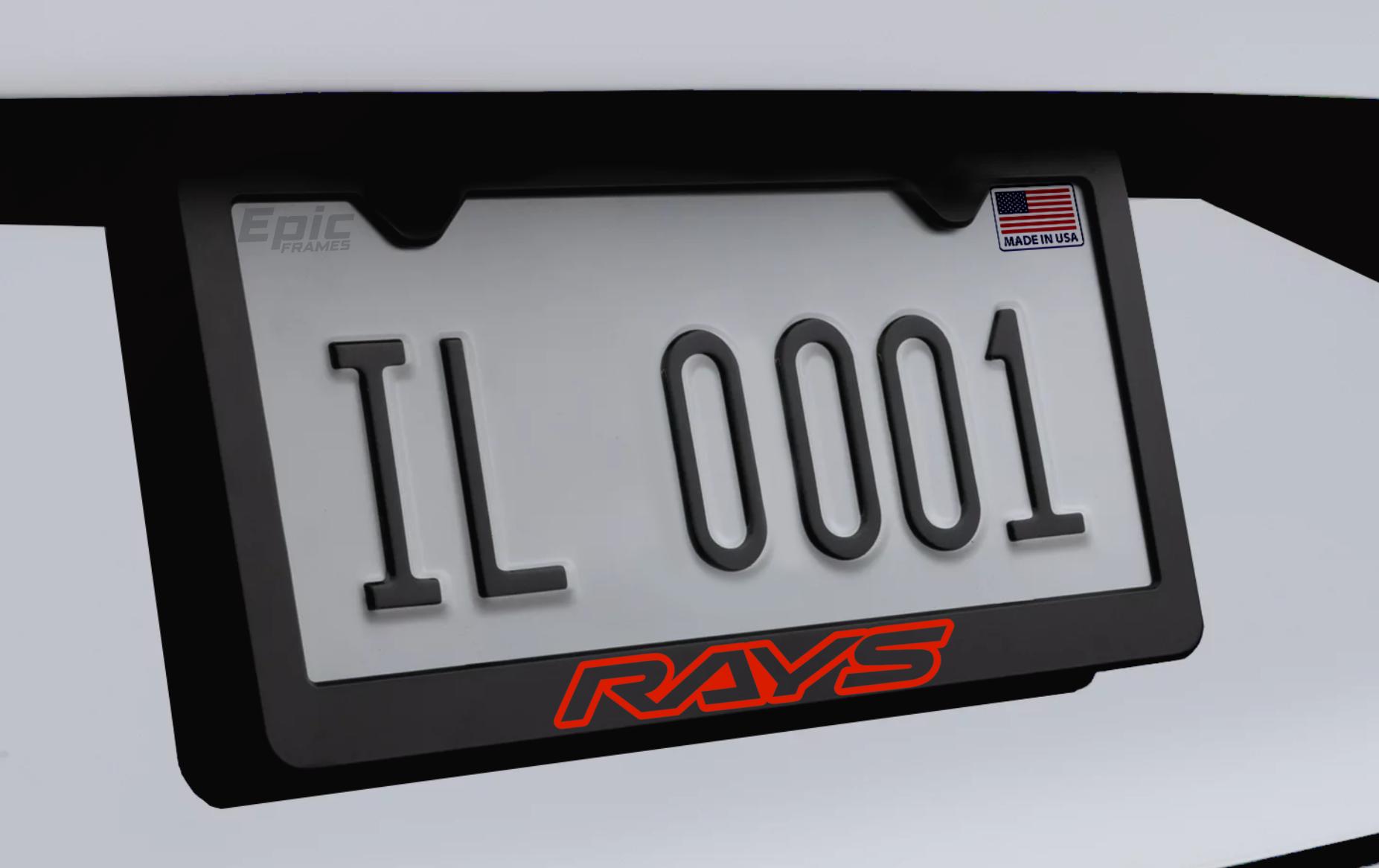 Red Rays Wheels Black Metal License Plate Frame with Screws and Caps