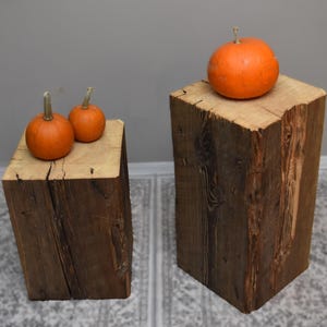 Peut inclure: Deux socles en bois rustiques avec des citrouilles. Les socles sont faits de bois brut, mettant en valeur le grain et les nœuds naturels. L'un des socles a deux petites citrouilles oranges, l'autre une citrouille plus grande. Les citrouilles ajoutent une touche automnale.
