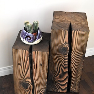 May include: Two rustic wooden end tables with a dark brown wood finish. The table on the left has a small potted cactus on top.