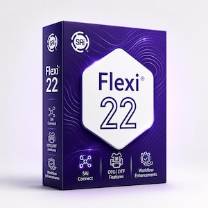 May include: A rectangular software box for Flexi 22 in a deep purple color with a white hexagonal center. The box features the SAi logo, the text Flexi 22, and icons representing SAi Connect, DTG/DTF Features, and Workflow Enhancements on the front.