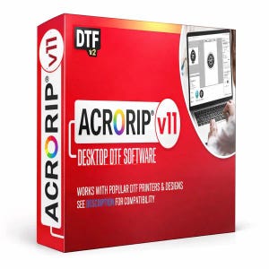 May include: A red rectangular software box for AcroRip v11 desktop DTF software. The front features the product name, a logo for DTF v2, and an image of a laptop screen displaying the software interface. Text includes compatibility information.