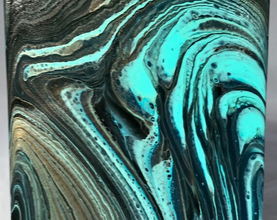 Painting One of a Kind Aqua Blue Black Gold Handmade Ceramic Tile Coaster Trivet Painted Artisan Made