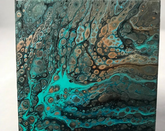 UNIQUE Handmade Ceramic Tile Coaster Set of 4 Painted Aqua Blue Black Copper Artisan Made
