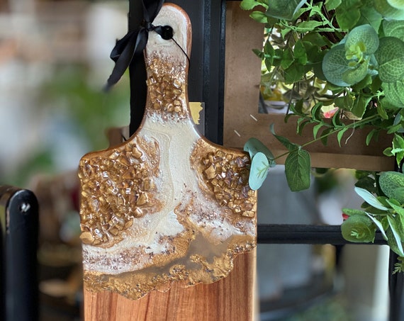 Wood Charcuterie Ceramic Handcrafted Resin Rich Paints Metallic Gold Cream Platter Food Safe Gift