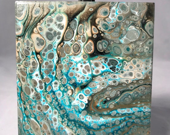 UNIQUE Handmade Ceramic Tile Coaster Set of 4 Painted Green Turquoise Black Copper Artisan Made