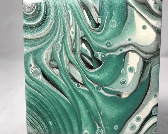 One of a Kind Handmade Ceramic Tile Coaster Set of 4 Painted Green Silver Black Artisan Made Gift Idea