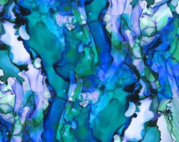 Blue Green Watercolor Handmade Artisan Textile Art Velvet Upholstery Fabric