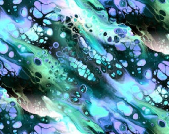 Green Purple Artist Created Satin Fabric Fiber Art Marble Fabric Abstract Rich Fashion