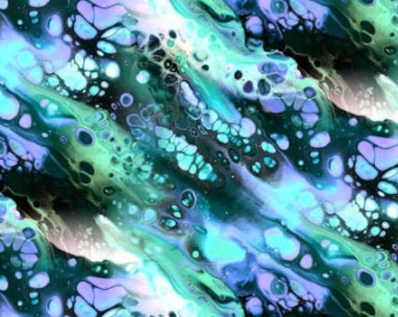 Green Purple Artist Created Satin Fabric Fiber Art Marble Fabric Abstract Rich Fashion