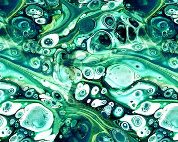 Green Blue Painting Designer Fashion Textile Artist Handmade Jersey Spandex Knit Fabric