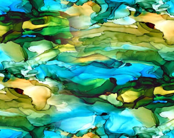 Blue Green Golden Watercolor Handmade Artisan Textile Art Velvet Upholstery Fabric