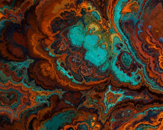 Artist Handmade Teal Brown Burnt Orange Abstract Crepe De Chine Kaftan Fabric Fashion Apparel Sheer Home Decor