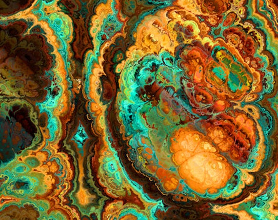 Agate Teal Rust Artist Handmade Lycra Knit Fabric By The Yard Athletic Apparel Swimwear Swim Suit