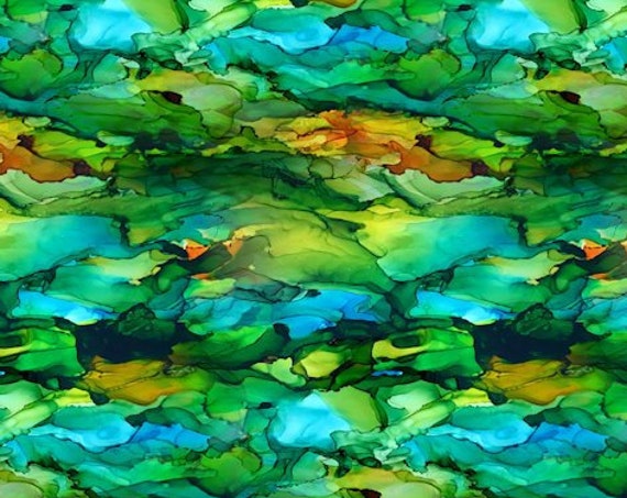 Blue Green Watercolor Artist Created Silky Satin Fabric Fiber Art