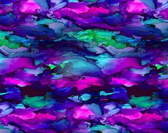 Watercolor Purple Fushia GreenArtist Created Satin Fabric Fiber Art Marble Fabric