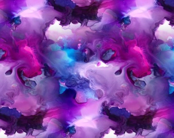 Purple Fushia Turquoise Clouds Artist Created Satin Fabric Fiber Art Marble Fabric Abstract Rich Fashion