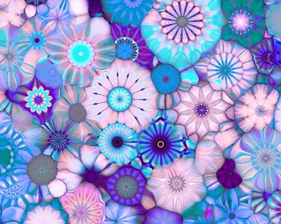 Satin Kaleidoscope Blue Pink Abstract Spring Flowers Fabric Artisan Created 3D By The Yard Fiber Art