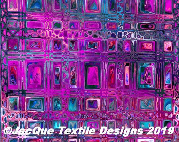 Purple Blue Geometric Artist Hand Created Artisan Crepe de Chine Fabric Fiber Art Apparel Sheer Home Decor