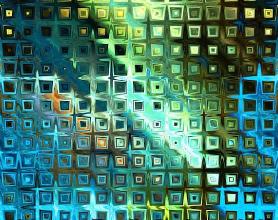 Blue Green Squares Artist Created Lycra Knit Fabric By The Yard Athletic Dance Swimwear Swim Suit