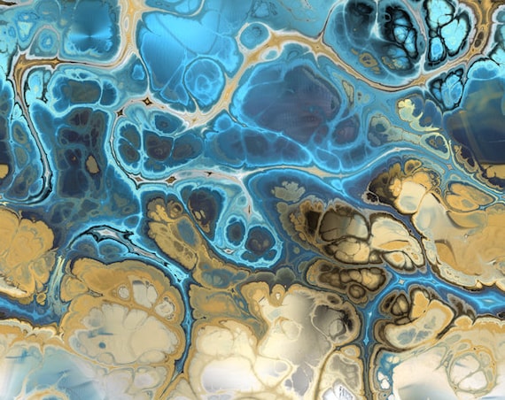 UNIQUE Handmade Marble Blue Golde Velvet Upholstery Fabric Shimmer Fiber Art Fabric