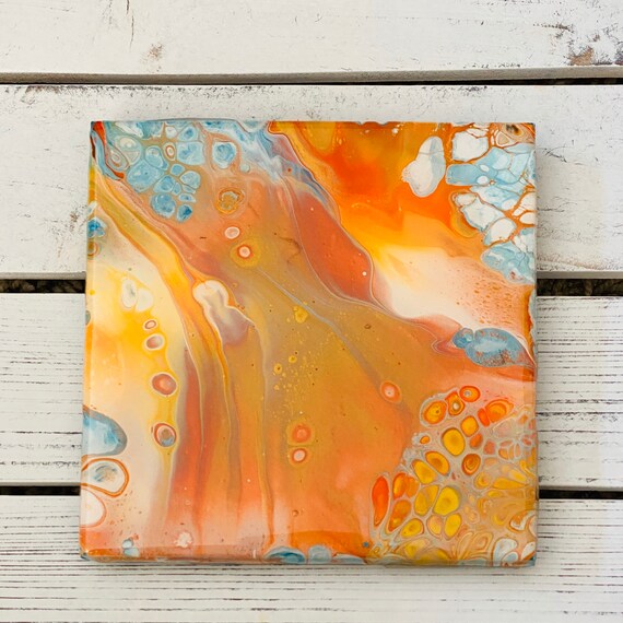 6 Inch Trivet Spring Color Supernova Handmade Ceramic Tile Coaster Painted Artisan Made