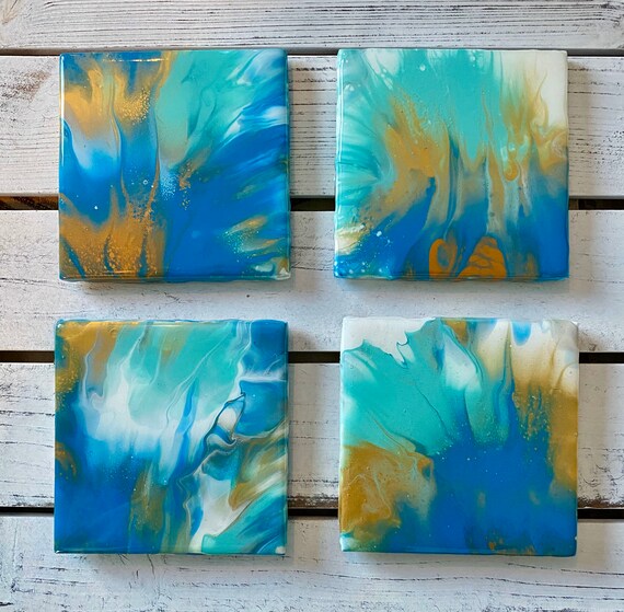 Coaster Set of 4 Ocean Blue Green Gold Handmade Ceramic Tile Painted Artisan Made Gift Idea Home Decoration