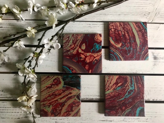 Drink Coasters Hand Painted Red Colorful Handmade Ceramic Tile Coaster Set of 4 Painted Artisan Made Gift Idea Home Decoration