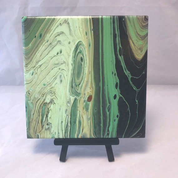 Green Tones Gold Cream BlackHandmade Painting Ceramic Tile Coaster Trivet Painted Artisan Made Gift Idea