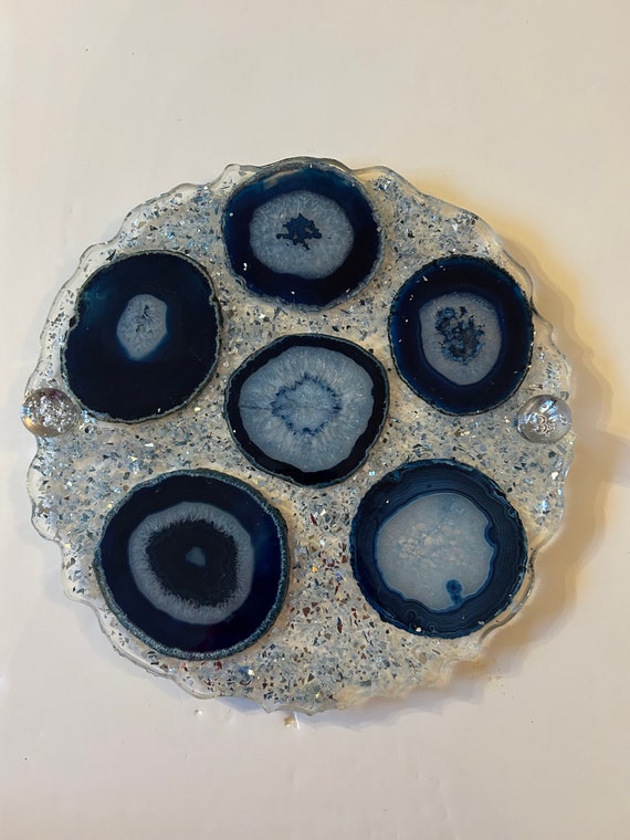 One of Kind Real Agate Slices in Resn with Crystals Handcrafted Resin Art Tray Gift