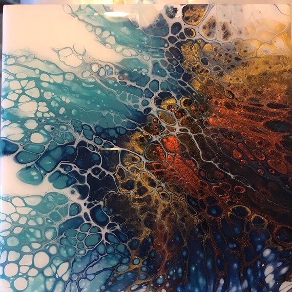 Art 6 inch Trivet Blue Copper Navy Thunderstorm Resin Handmade Abstract Tile Coaster Painted Artisan Made