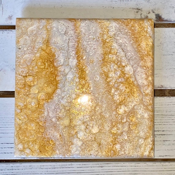 Handmade Trivet Gold White Christmas Resin Epoxy Ceramic Tile Coaster Artisan Made Gift Home Decoration