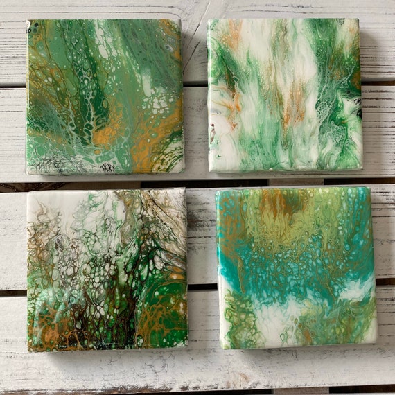 Coaster Set of 4 Green Gold Hand Painted Ceramic Tile Painted Artisan Made Gift Idea Home Decoration