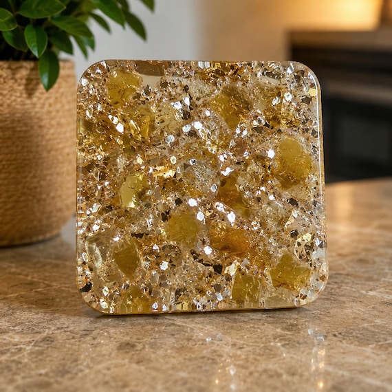 Handmade Gold Leaf Resin Coaster | 4” Square Art Decor Coaster