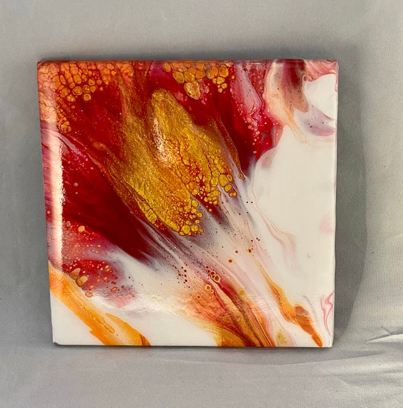 6 inch Trivet Coaster Resin Red Gold UNIQUE Handmade Tile Coaster Painted Artisan Made
