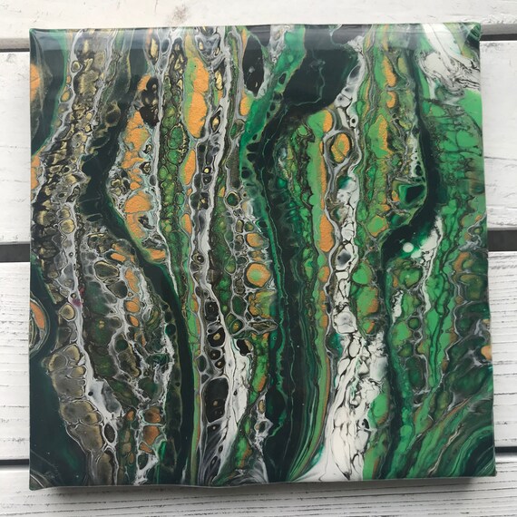6 inch Trivet Gold Green Grass One of A Kind Resin Handmade Abstract Tile Coaster Painted Artisan Made