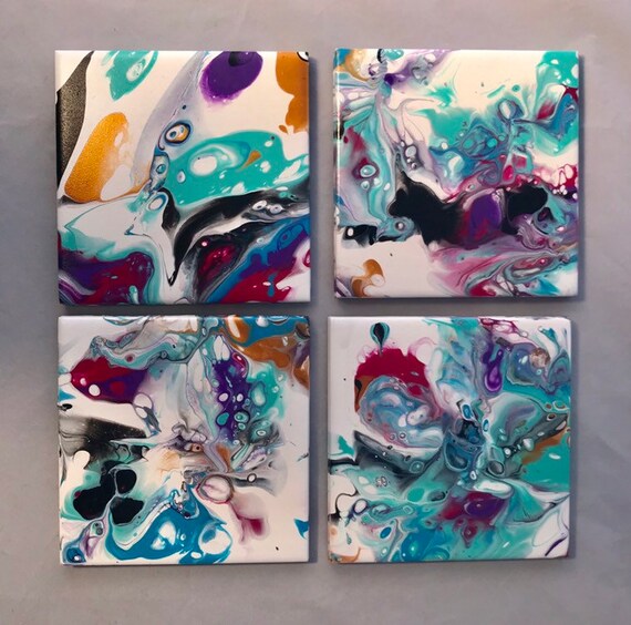Free Shipping Ceramic Tile Coaster Set of 4 Painted Purple Red Blue Green Artisan Made Gift Idea Home Decoration