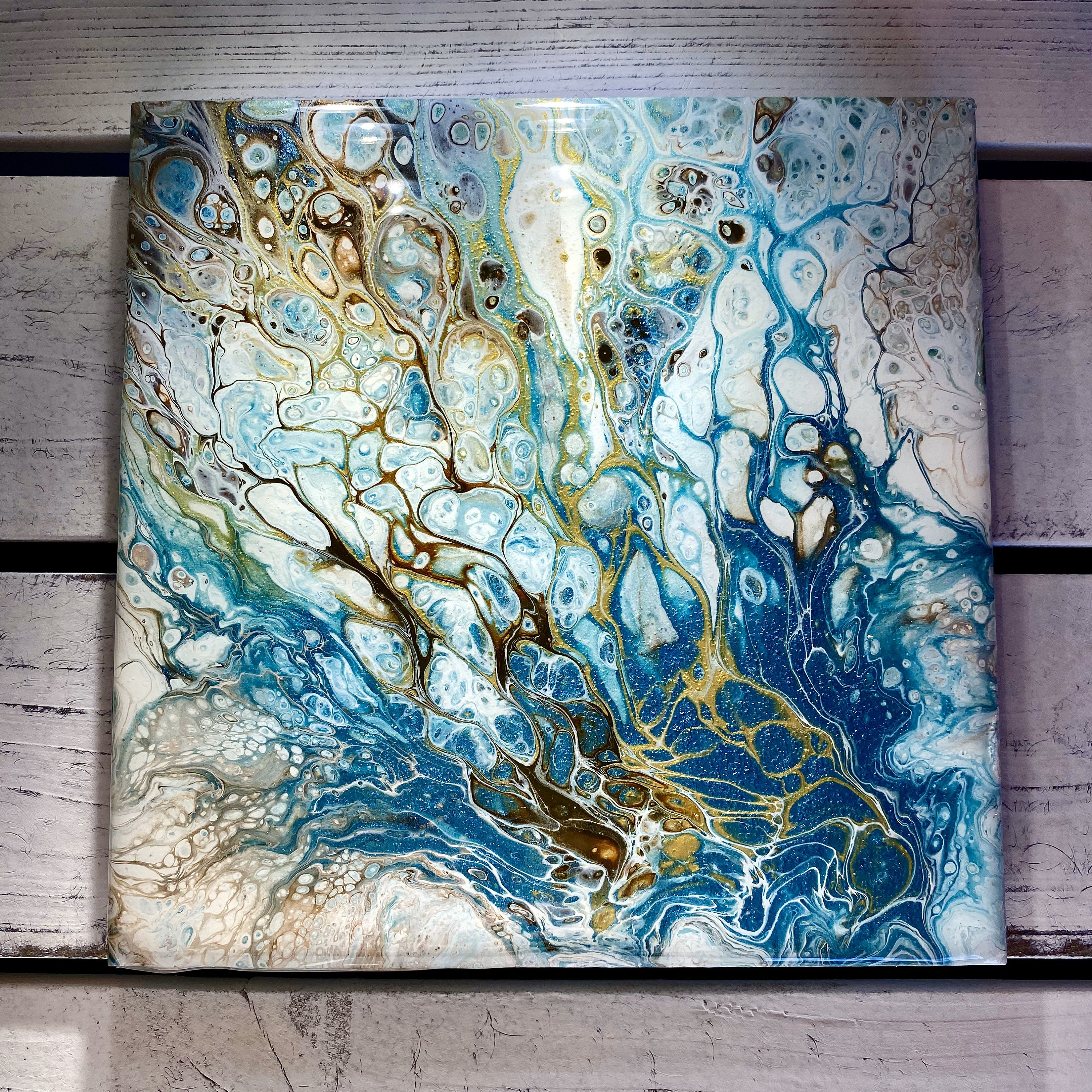 Trivet Handmade Resin Epoxy Metallic Aqua Gold Ceramic Tile Coaster
