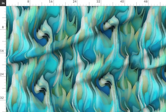 Handmade Velvet Upholstery Fabric: Blue, Cream, Green Waves