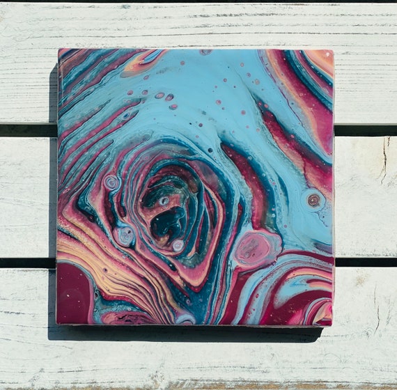 Tile Blue Burgandy Trivet Handmade Resin Epoxy Copper Ceramic Tile Coaster Artisan Made Gift Home Decoration