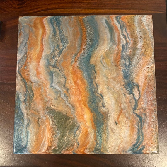 Handmade Painted Plate Platter Centerpiece Resin Blue Copper Gold White 12 Inch Square GIFT Artisan Made